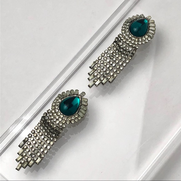 VTG GREEN CABOCHON RHINESTONE DROP EARRINGS - Picture 9 of 12